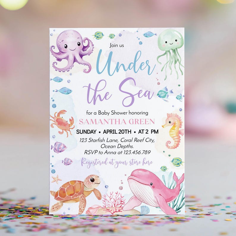 May include: A rectangular baby shower invitation card featuring watercolor sea creatures including a purple octopus, green jellyfish, orange crab, seahorse, turtle, and pink whale. The text reads Under the Sea for a Baby Shower honoring SAMANTHA GREEN.