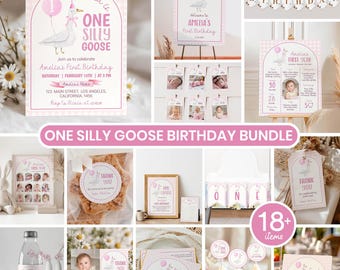 Editable One Silly Goose Birthday Invitation & Party Decor Birthday Bundle – Pink Girl 1st Birthday Kit with Banner, Poster, Tags – G006