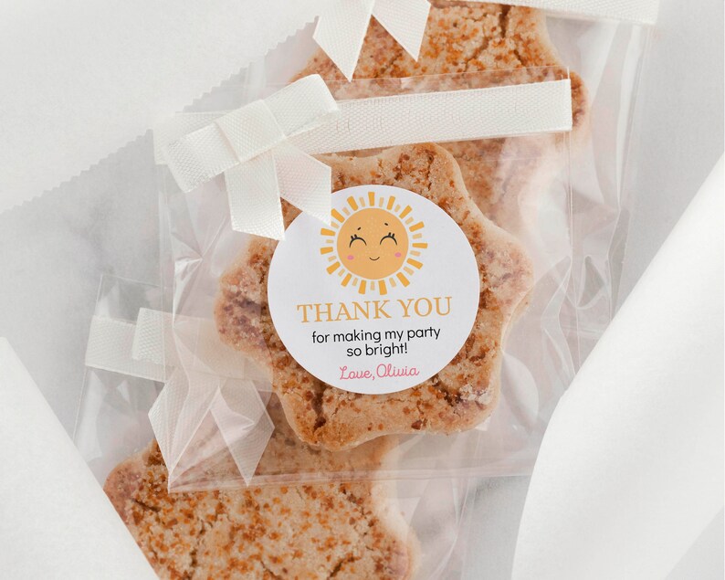 May include: Star-shaped cookies in clear plastic bags tied with white ribbon. Each bag features a round sticker with a yellow sun illustration and the text: THANK YOU for making my party so bright! Love, Olivia. The cookies have a textured brown surface.