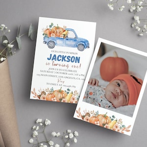 EDITABLE Our Little Pumpkin is Turning One Invitations, Pumpkin 1st Birthday Invite, Boho Fall Pumpkin First Birthday Instant Download P004