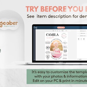 May include: A laptop screen displays a customizable digital birthday milestone template featuring the name Camila, a central photo of a child, and various statistics. The text reads TRY BEFORE YOU BUY! See item description for demo link.