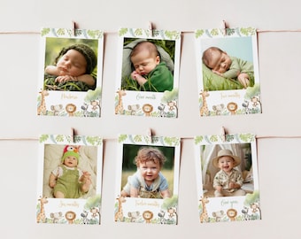 Wild One Birthday Foto Banner, 12 Monate Foto Banner, 1. Geburtstag Decor, Safari 1. Geburtstag Foto Banner, bearbeitbar & druckbar. A010