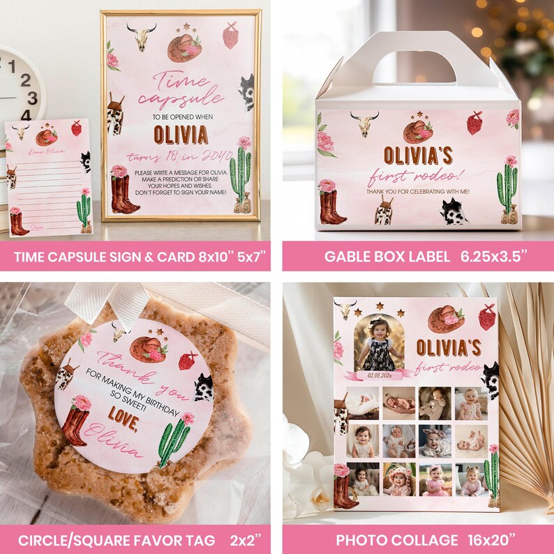 Paquete de cumpleaños de vaquera rosa para el primer rodeo / Set editable para fiesta de primer cumpleaños estilo western / Decoración imprimible para el primer rodeo de niña. R007 imagen 7