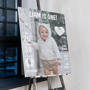 May include: A rectangular milestone birthday sign featuring a central photograph of a toddler in a white hooded jacket and striped shorts. The sign includes white text detailing Liam is one, birth date, weight of 30 pounds, 6 teeth, and favorites.