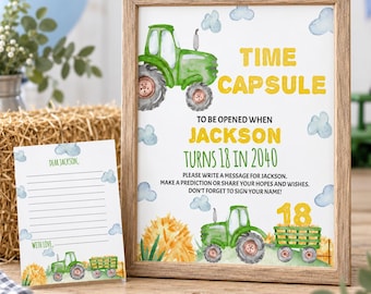 EDITABLE Tractor Birthday Time Capsule Template, Farm Birthday Party Time Capsule Sign, Green Tractor Party Decor, Instant Download. T003