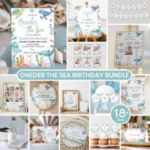 Pacchetto di inviti di compleanno modificabili "Sotto il mare", kit di decorazioni per la festa del primo compleanno a tema oceano, pacchetto "Oneder the Sea" per il primo compleanno, stampabile. O009