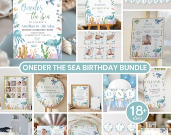 Editable Under The Sea Birthday Invitation Bundle, Ocean 1st Birthday Party Decor Kit, Oneder The Sea 1st Birthday Package, Printable. O009