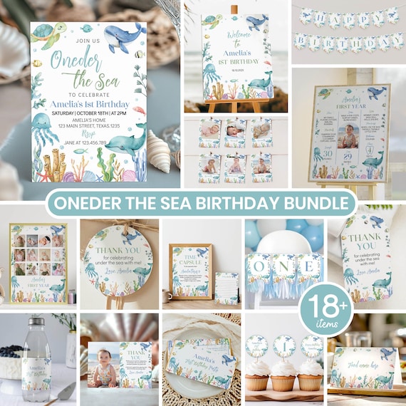 Editable Under The Sea Birthday Invitation Bundle, Ocean 1st Birthday Party Decor Kit, Oneder The Sea 1st Birthday Package, Printable. O009
