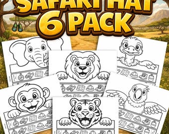 6er-Pack Safari-Partyhüte | Safari-Geburtstagsaktivität | Safari-Kronen zum Ausmalen und Basteln für Kinder | Hutvorlagen zum sofortigen Download