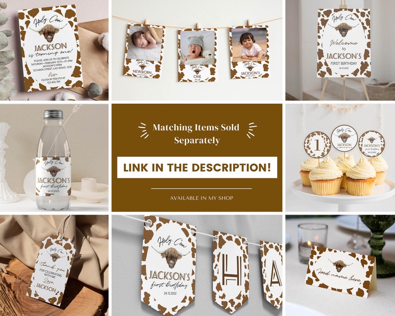 May include: A collection of party stationery and decorations featuring a brown and white cow print pattern and a Highland cow illustration. Items include invitations, photo cards, a welcome sign, water bottle labels, cupcake toppers, and banners.