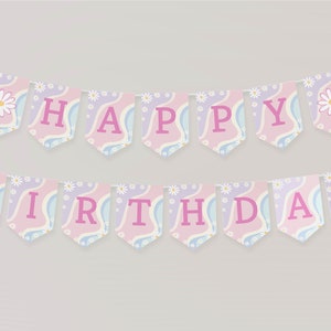 May include: A two-row birthday banner featuring pennant-shaped flags with a wavy pastel pink, blue, and white background pattern. Each flag displays a white daisy and a bold pink letter, spelling out the words HAPPY BIRTHDAY in capital letters.