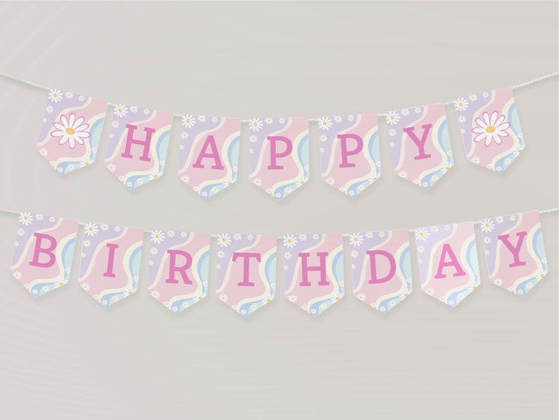 May include: A two-row birthday banner featuring pennant-shaped flags with a wavy pastel pink, blue, and white background pattern. Each flag displays a white daisy and a bold pink letter, spelling out the words HAPPY BIRTHDAY in capital letters.
