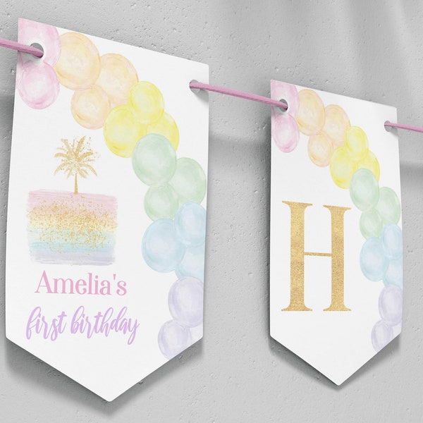 Editable Pastel Rainbow Birthday Banner, Pastel Birthday Banner, Rainbow 1st Birthday Party Decor, 1st Birthday Girl, Printable. P010