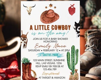Rustic Cowboy Baby Shower Invitation, Western Rodeo Theme, Editable Boy Baby Shower Invite, Printable Wild West Party Template. R007