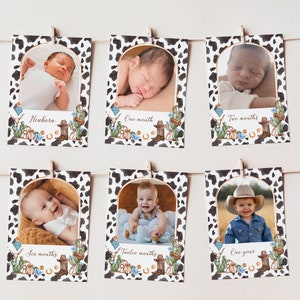 Bannière photo d'anniversaire premier rodéo, bannière 1er anniversaire de cow-boy, cartes d'étape mensuelles de première année de bébé western, modèle imprimable. C011