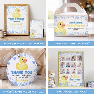Peut inclure: Un ensemble de papeterie de f&ecirc;te avec des canards en caoutchouc jaunes et des bulles bleues. Comprend une affiche de capsule temporelle de 20x25 cm, une carte de 13x18 cm, une &eacute;tiquette de bo&icirc;te de 16x9 cm, une &eacute;tiquette de 5x5 cm et un collage de 41x51 cm.