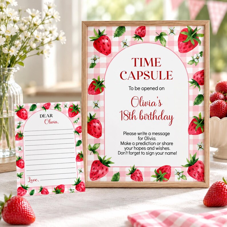 May include: A time capsule sign and a matching note card featuring a pink and white gingham pattern with red strawberry illustrations. The sign reads: TIME CAPSULE To be opened on Olivia's 18th birthday. Please write a message for Olivia.