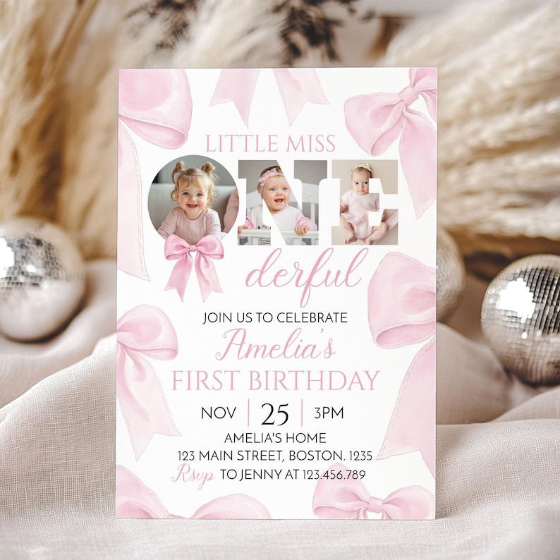 Coquette Pink Bow 1st Birthday Invitation, Little Miss Onederful Invitation, Blush Pink First Birthday Photo Invite, Printable Template.