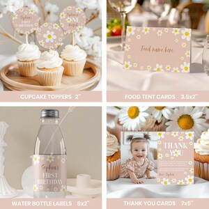 May include: A set of party supplies featuring a daisy pattern on a light pink background, including round cupcake toppers, food tent cards, water bottle labels, and thank you cards with text including Sophia's First Birthday and Thank You.
