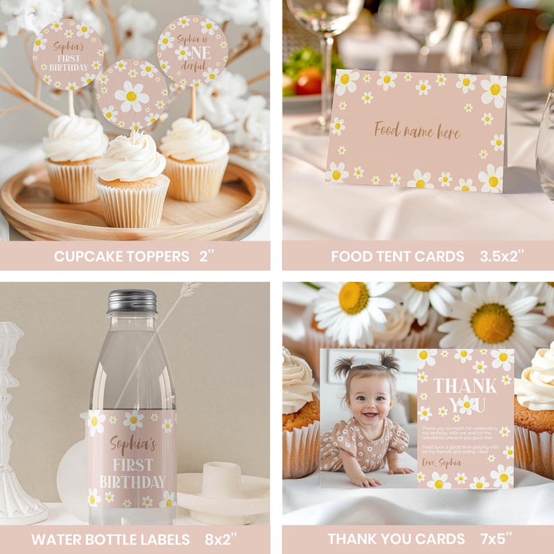 May include: A set of party supplies featuring a daisy pattern on a light pink background, including round cupcake toppers, food tent cards, water bottle labels, and thank you cards with text including Sophia's First Birthday and Thank You.