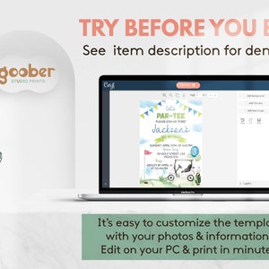 May include: A laptop displaying a customizable golf-themed birthday invitation template with the text Let's PAR-TEE. The screen shows editing tools, a golf cart graphic, blue bunting, and green grass. Text above reads TRY BEFORE YOU BUY! See item description for demo link.
