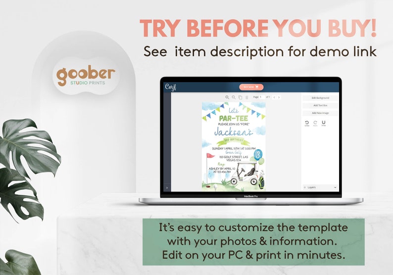 May include: A laptop displaying a customizable golf-themed birthday invitation template with the text Let's PAR-TEE. The screen shows editing tools, a golf cart graphic, blue bunting, and green grass. Text above reads TRY BEFORE YOU BUY! See item description for demo link.