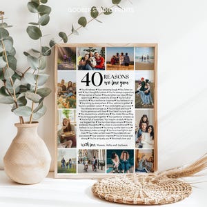 May include: A framed collage of photos with a black and white text overlay that reads "40 Reasons We Love You". The text lists 40 reasons why someone is loved, including their kindness, sense of humor, and supportive nature. The collage is surrounded by a white frame.