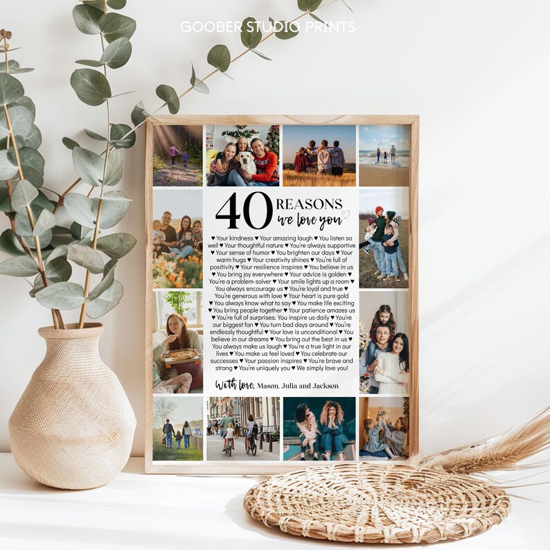 May include: A framed collage of photos with a black and white text overlay that reads "40 Reasons We Love You". The text lists 40 reasons why someone is loved, including their kindness, sense of humor, and supportive nature. The collage is surrounded by a white frame.
