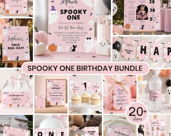 Editable Spooky One Birthday Invitation Bundle, Halloween 1st Birthday Party Decor Kit, First Boo Day Birthday Package Printable.