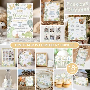May include: A dinosaur-themed first birthday party bundle featuring invitations, banners, milestone boards, thank you tags, and cupcake toppers. The set includes various printed stationery items decorated with watercolor illustrations of dinosaurs, foliage, and suns.