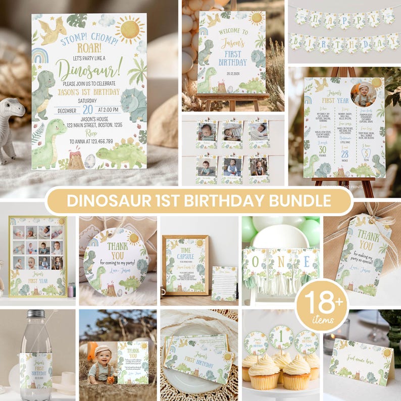 May include: A dinosaur-themed first birthday party bundle featuring invitations, banners, milestone boards, thank you tags, and cupcake toppers. The set includes various printed stationery items decorated with watercolor illustrations of dinosaurs, foliage, and suns.
