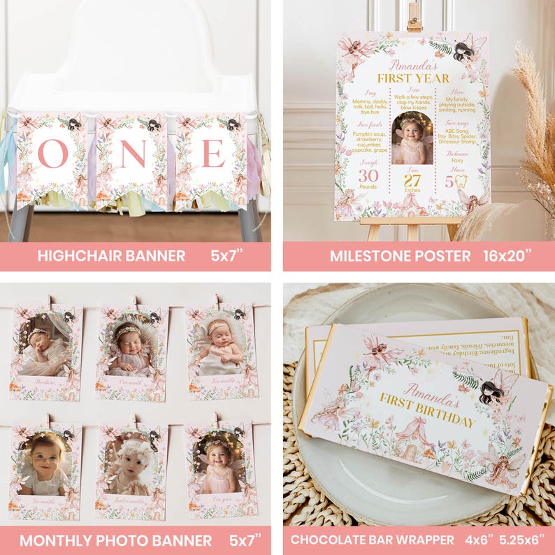 May include: A collection of party decorations with a floral and fairy theme. Includes a highchair banner, milestone poster, monthly photo banner, and chocolate bar wrapper. The highchair banner spells "ONE". The milestone poster is 16x20 inches.