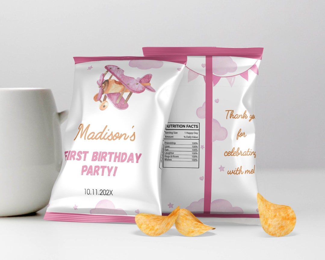EDITABLE Airplane Birthday Chip Bags, Airplane Party Favor Bags