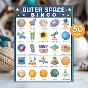 Outer Space bingospel afdrukbaar, astronaut feestactiviteit, 50 unieke kaarten, instant download kinderverjaardagsspel of klasactiviteit