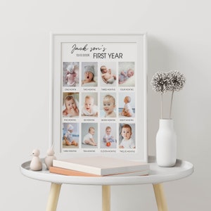 May include: A white framed photo collage of a baby boy's first year. The collage is divided into 12 squares, each showing a different photo of the baby at a different age. The text "Jack son's" and "12.10.202X FIRST YEAR" is printed at the top of the collage.