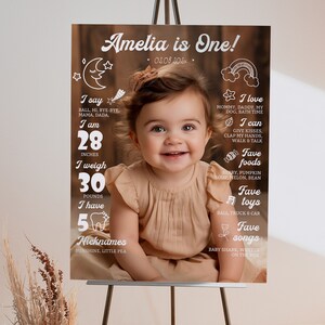 May include: A first birthday milestone poster featuring a central photograph of a child in a tan dress. The white text includes 'Amelia is One!', '28 inches', '30 pounds', '5 teeth', and lists favorites like 'Ball', 'Mommy', 'Daddy', 'Berry', and 'Baby Shark'.