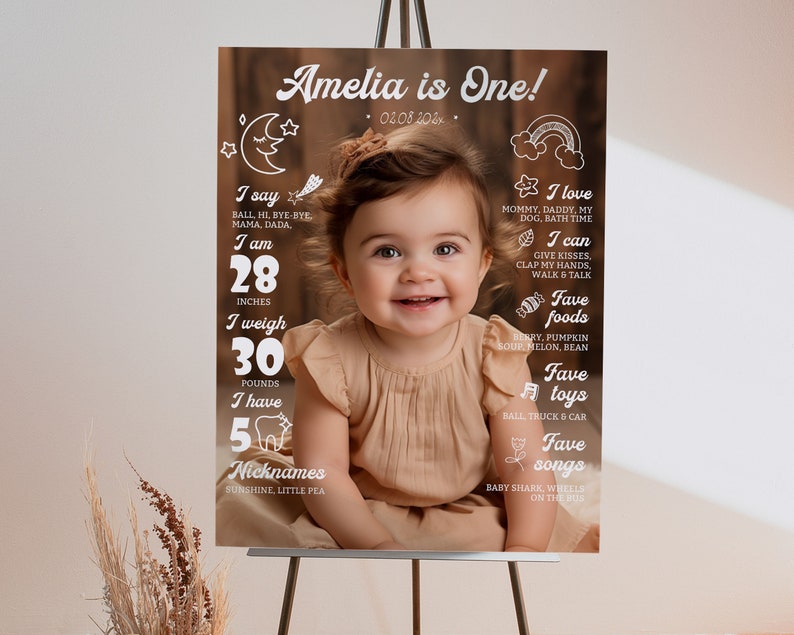 May include: A first birthday milestone poster featuring a central photograph of a child in a tan dress. The white text includes 'Amelia is One!', '28 inches', '30 pounds', '5 teeth', and lists favorites like 'Ball', 'Mommy', 'Daddy', 'Berry', and 'Baby Shark'.