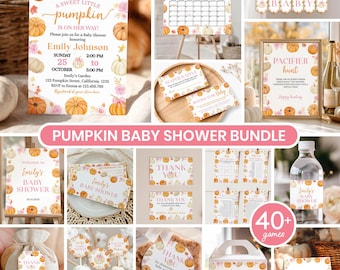 Little Pumpkin Baby Shower Bundle | Fall Autumn Girl Baby Shower Party Decor Games Set | Pink Bow Pumpkin Baby Shower Set Template. P018