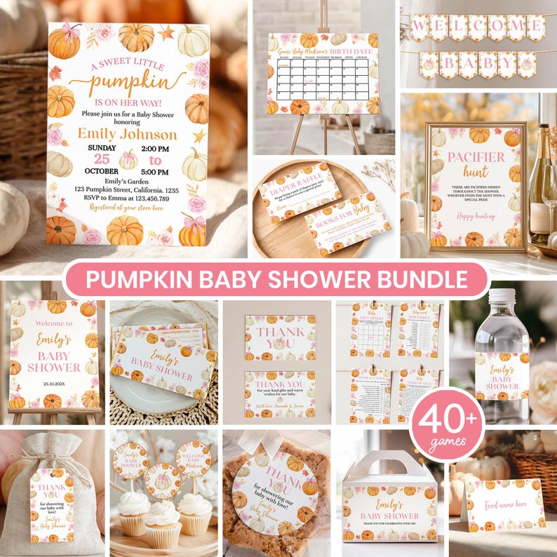 May include: A collection of baby shower decorations with a pumpkin theme. Includes invitations, signs, games, and thank you cards. The color scheme is orange, white, and pink, with the text "A Sweet Little Pumpkin" and "Emily's Baby Shower".