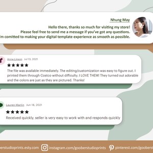 May include: A screenshot of a website with customer reviews for digital templates. The reviews are positive and highlight the ease of use and quality of the templates. The website address is gooberstudioprints.etsy.com.