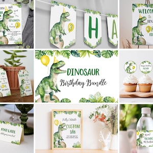 Redigerbar dinosauriefödelsedagsinbjudningspaket, Tre Rex-födelsedagsfestkit, dinosauriefestdekorationspaket, utskrivbar mall. D002