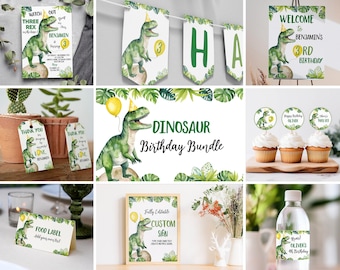 Editable Dinosaur Birthday Invitation Bundle, Three Rex Birthday Party Kit, Dinosaur Party Decorations Package, Printable Template. D002