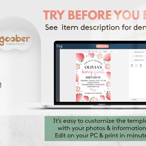 May include: A laptop screen displaying a customizable digital birthday invitation template featuring a strawberry theme and the text Olivia's berry first birthday. The screen shows editing tools and the text Try before you buy! See item description for demo link.