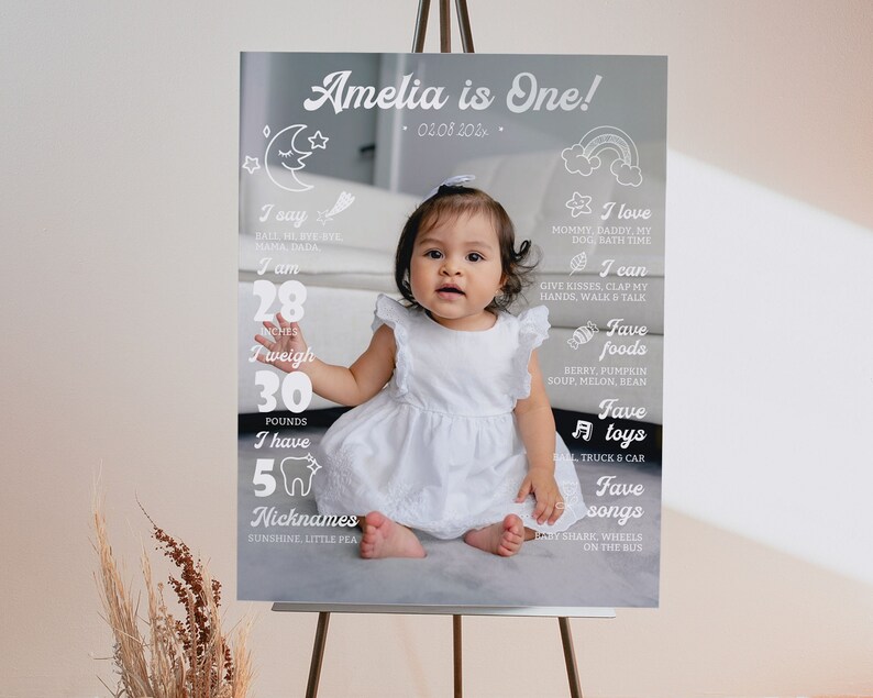 May include: A rectangular milestone birthday sign featuring a central photograph of a child in a white dress. The sign includes white text and graphics detailing milestones such as 28 inches, 30 pounds, 5 teeth, and the text Amelia is One.