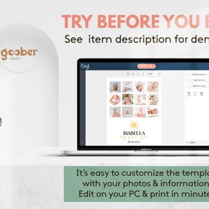 Puede incluir: Una pantalla de port&aacute;til que muestra una plantilla de collage de fotos personalizable con el texto Isabella my first year y un icono de sol. La pantalla muestra herramientas de edici&oacute;n y una cuadr&iacute;cula de doce fotos de beb&eacute;s. El texto arriba dice TRY BEFORE YOU BUY!