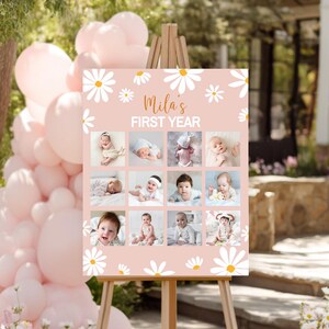 May include: A rectangular sign on a wooden easel featuring a light pink background with white daisy illustrations. The text reads "Mila's FIRST YEAR" above a grid of twelve individual photographs showing a baby at different stages of growth.