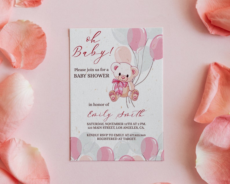 EDITABLE Teddy Bear Baby Shower Invitations Girl Bear Themed Etsy