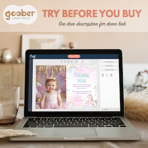 May include: A laptop screen displaying a digital thank you card template featuring a unicorn theme, pastel rainbow colors, and the text Thank You, Love, Caroline. The interface includes editing tools and a preview of a child wearing a unicorn headband.