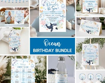 Paquete de invitaciones de cumpleaños editables bajo el mar, paquete de fiesta de cumpleaños con temática oceánica para primer cumpleaños, imprimible. O013