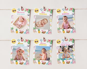 Bewerkbare maandelijkse One in the Sun-fotobanner | Fotobanner eerste verjaardag zomer | Eerstejaarsdecor poolparty | Direct downloaden | S027